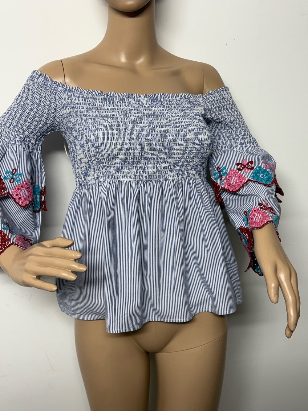 LOFT Blue and White Striped Off-Shoulder Blouse with Pink & Teal Embroidery